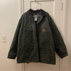 vintage Carhartt blanket-lined canvas chore jacket in moss green | XL TALL